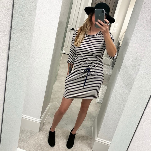 LOFT Navy and Buttercream Striped Drawstring Dress - Picture 1 of 8